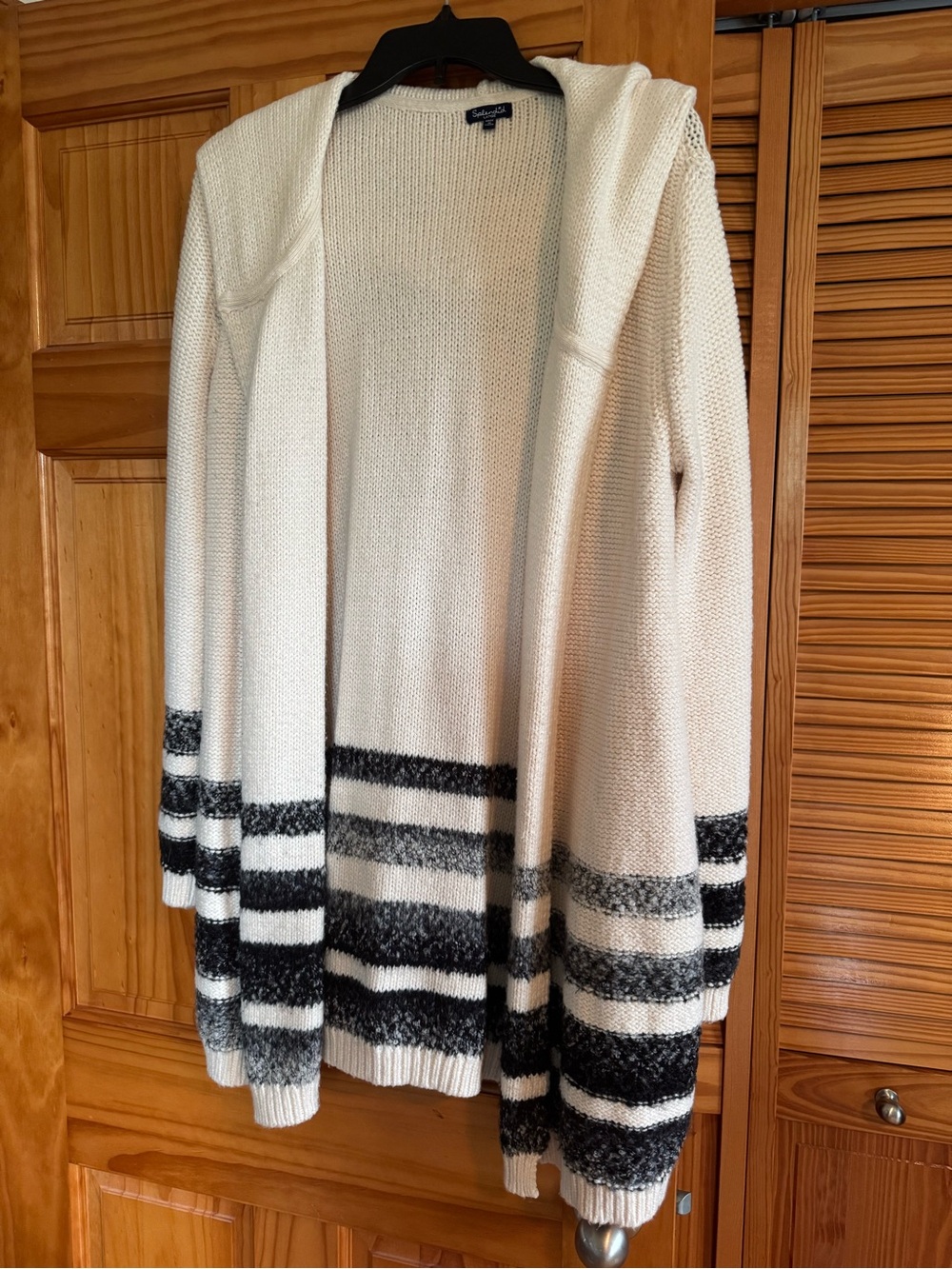 Splendid Cream Hooded Open Cardigan with Black Stripe Detail large